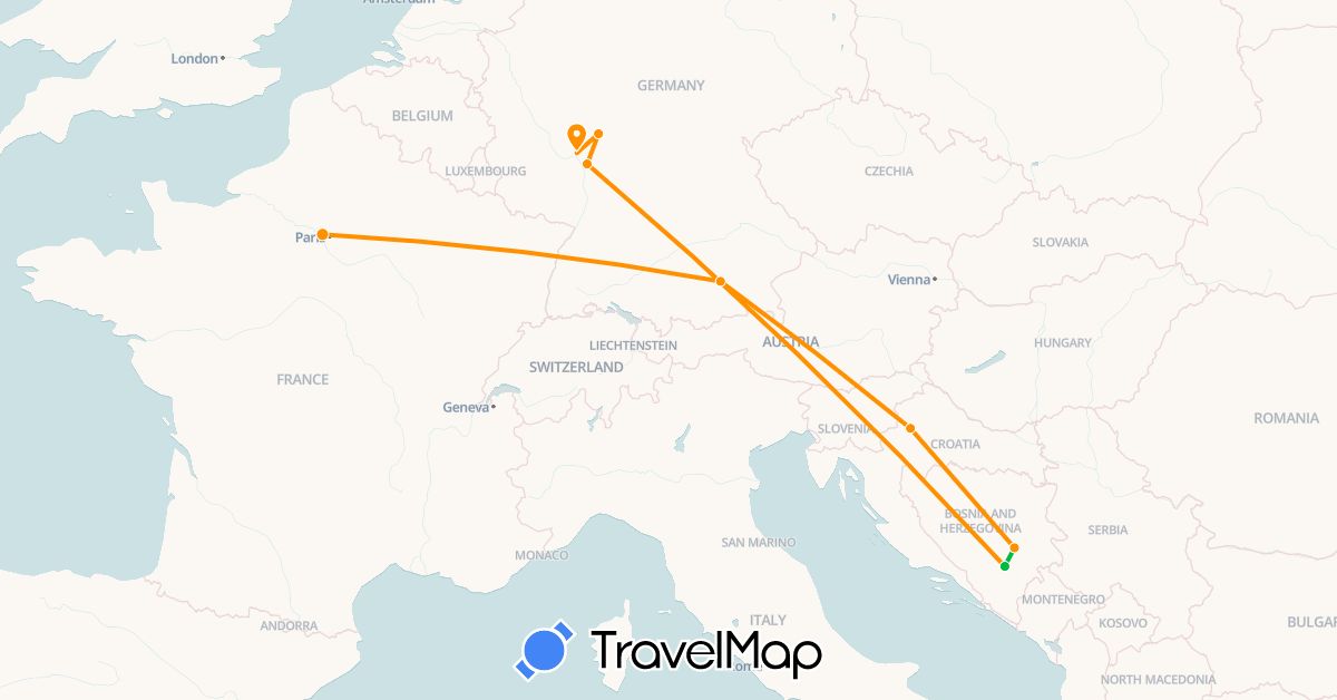 TravelMap itinerary: driving, bus, hitchhiking in Bosnia and Herzegovina, Germany, France, Croatia (Europe)
