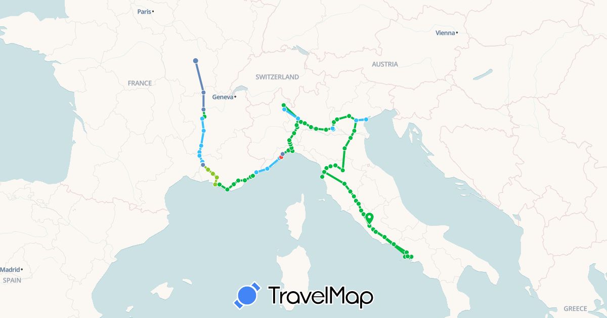 TravelMap itinerary: driving, bus, cycling, hiking, boat, electric vehicle in France, Italy (Europe)
